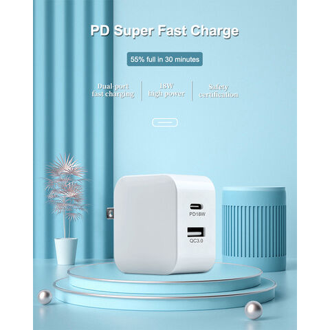 شاحن عالمي أبيض PD 18W QC3.0 بمنفذين PD من النوع C مزدوج USB C للشحن السريع للهواتف المحمولة
