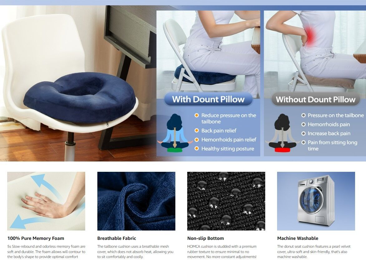  HOMCA Donut Pillow Hemorrhoid Seat Cushion for Office Chair,  Premium Memory Foam Chair Cushion, Sciatica Pillow for Sitting Tailbone  Pain Car Seat Cushions, Blue : Office Products