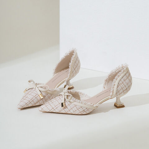 Zapatos de tacón bajo estilo francés, diseño 2024, zapatos individuales con lazo, temperamento elegante para mujer, tacón medio, finos, para verano.