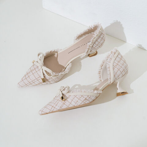 Zapatos de tacón bajo estilo francés, diseño 2024, zapatos individuales con lazo, temperamento elegante para mujer, tacón medio, finos, para verano.