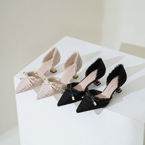 Zapatos de tacón bajo estilo francés, diseño 2024, zapatos individuales con lazo, temperamento elegante para mujer, tacón medio, finos, para verano.