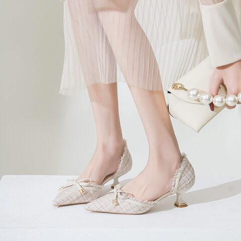 Zapatos de tacón bajo estilo francés, diseño 2024, zapatos individuales con lazo, temperamento elegante para mujer, tacón medio, finos, para verano.