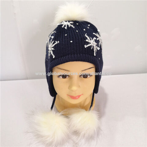 Bonnets tricotés Pom doublés de satin d'hiver pour femmes avec chapeau de  fourrure pom détachable