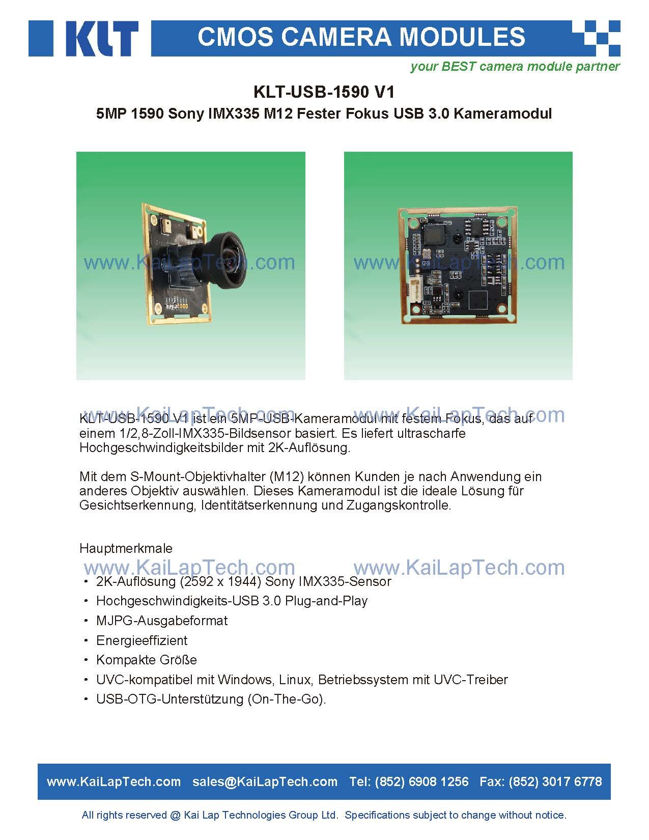 Buy Wholesale Hong Kong SAR Klt-usb-1590 V1 5mp 1590 Imx335 M12 Fester  Fokus Usb 3.0 Kameramodul & Camera Kameramodul at USD 60