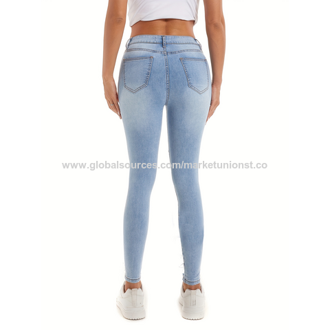 Skinny Fit Mid waist Ripped hems Jeans, Light Blue