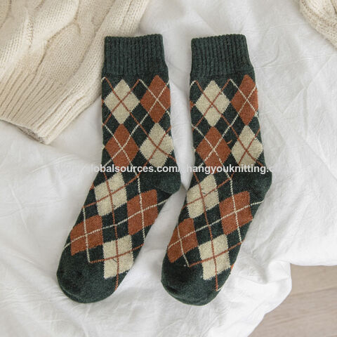 Women Socks Winter Thick Knit Warm Crew Socks Vintage Argyle Plaid