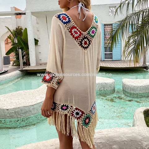 Vente en gros de vêtements de plage bohèmes en dentelle pour femmes, caftan d'été pour la plage