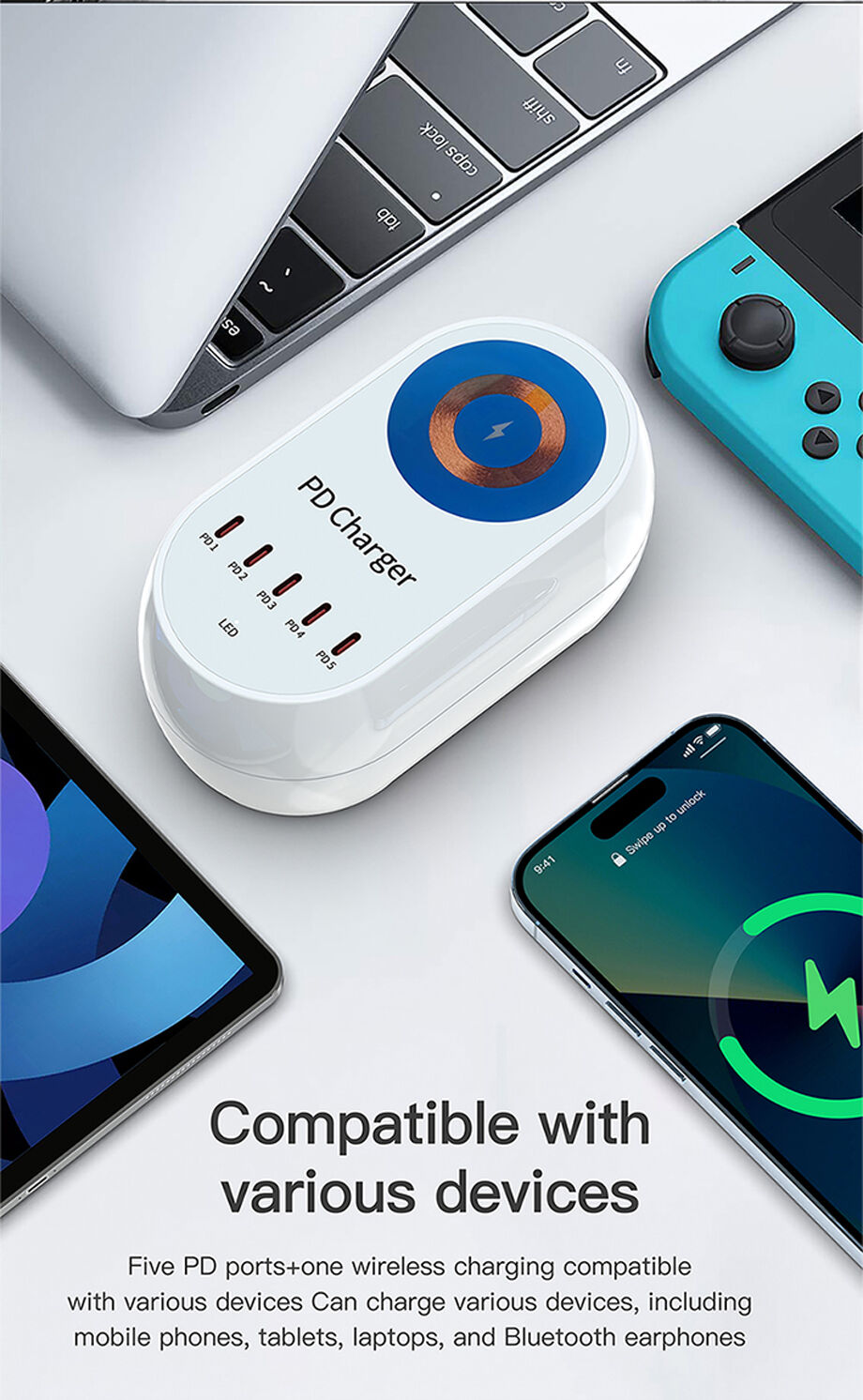 Multi Port 140w Usb-c Pd Charger With 5 Port And Wireless Charging For ...