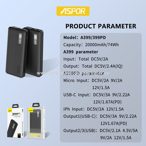 ASPOR A399PD 22.5W 20000mah Charge Rapide PD Portable Téléphone Mobile Chargeur Banque De Puissance Ordinateur Portable Banque de Puissance pour Ordinateur Portable