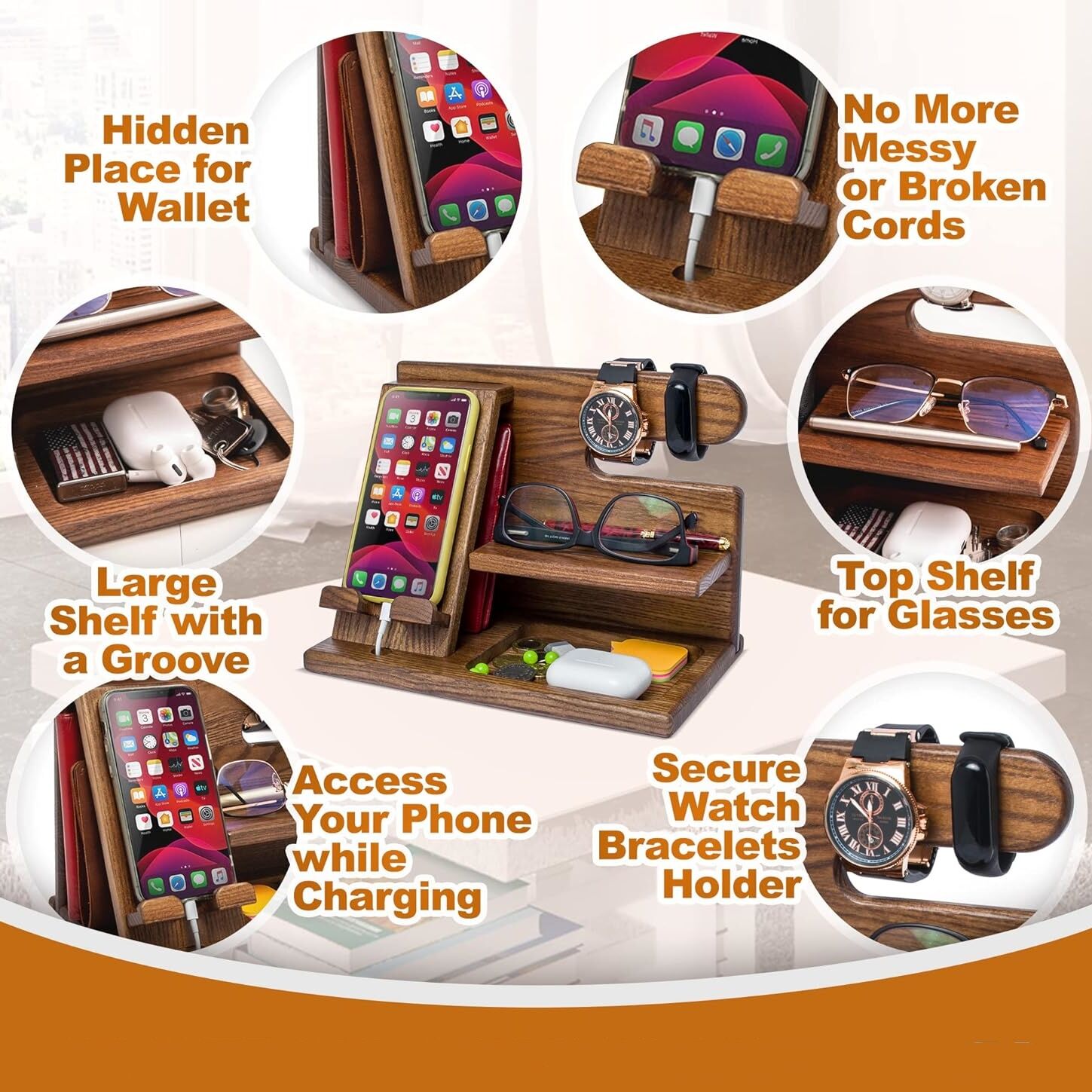 Wooden Phone Docking Station Ash Key Holder Wallet Stand Wooden Phone Docking Station Ash Key Holder Wallet Stand