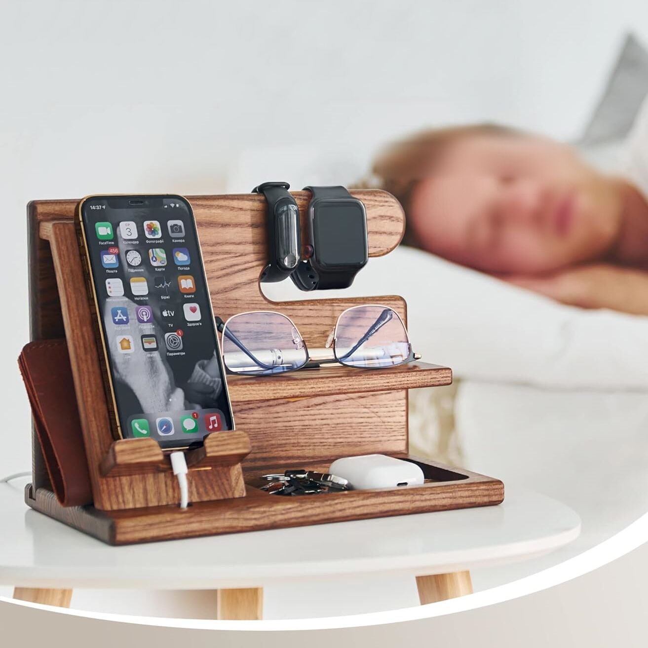 Wooden Phone Docking Station Ash Key Holder Wallet Stand Wooden Phone Docking Station Ash Key Holder Wallet Stand