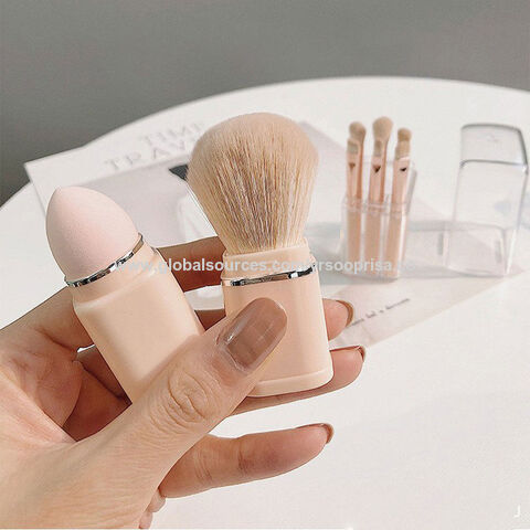 Small Makeup Brush Set Pink - 4 in 1 Portable Travel Lip Brush, Highlight  Brush, Eyeshadow Brush, Foundation Blending Powder Brush Retractable Mini