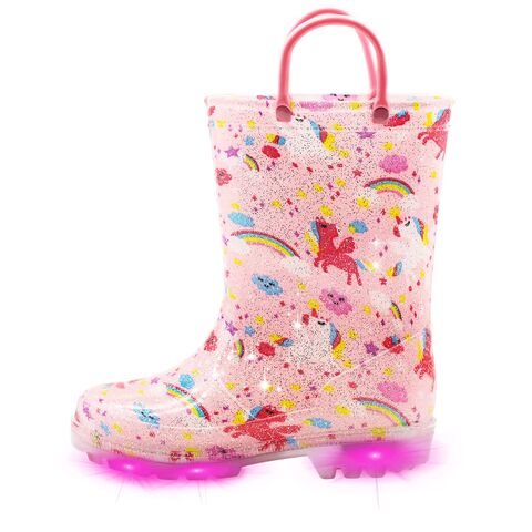 Botas de Lluvia Impermeables con Luces y Diseños para Niños Pequeños y Niñas con Asas y Brillantina