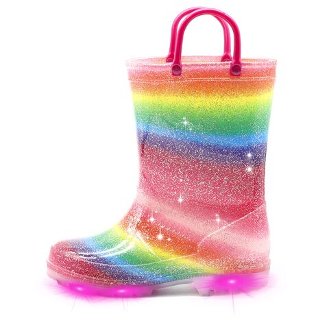 Botas de Lluvia Impermeables con Luces y Diseños para Niños Pequeños y Niñas con Asas y Brillantina