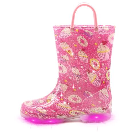 Botas de Lluvia Impermeables con Luces y Diseños para Niños Pequeños y Niñas con Asas y Brillantina