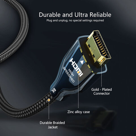 Câble HDMI ultra haute vitesse 48 Gbps certifié 8K@60Hz avec connecteurs plaqués or pour home cinéma