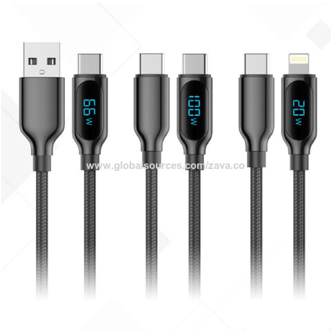 Cabo de dados USB-C para USB-C 60W em liga de zinco com display digital, 1.2M. Cabo de dados tipo C para carregamento de telemóveis.