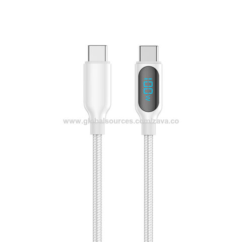 Cabo de dados USB-C para USB-C 60W em liga de zinco com display digital, 1.2M. Cabo de dados tipo C para carregamento de telemóveis.