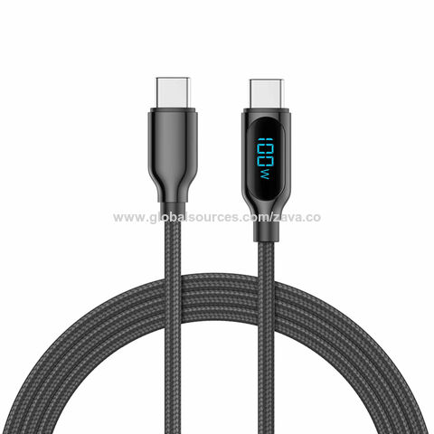 Cabo de dados USB-C para USB-C 60W em liga de zinco com display digital, 1.2M. Cabo de dados tipo C para carregamento de telemóveis.