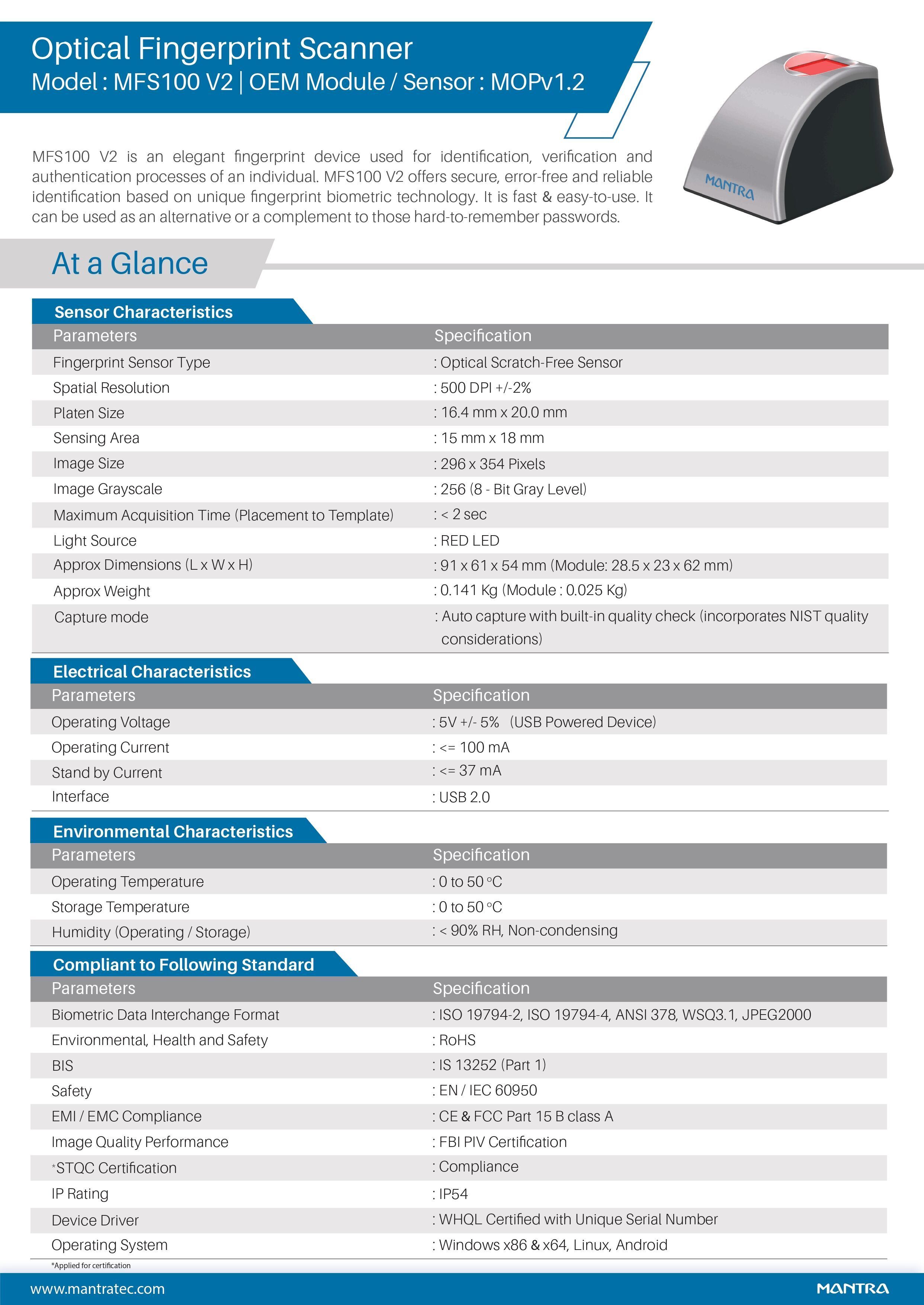 Optical Fingerprint Scanner, Fingerprint Scanner, Mfs100 V2 Is An