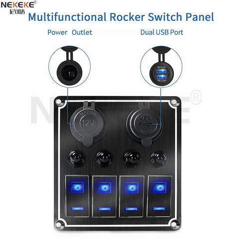 Rocker Switch Panel with Aluminum Switch, 4 Gang 12V/24V Toggle Switch  Aluminum Panel with Dual USB Charger+Socket, Multi-Function Pre-Wired Car