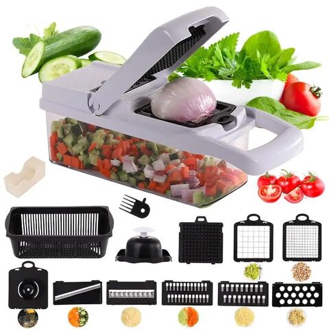 Vegetable Chopper,Multifunctional 12-in-1 Food Choppers Onion Chopper  Vegetable Slicer Cutter Dicer Veggie chopper with 8 Blades,Colander  Basket,Container for Salad Potato Carrot Garlic 