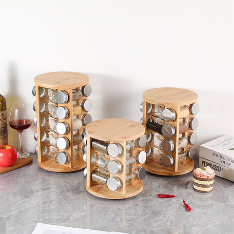 Kitchen Affections | Rotating Square Bamboo Countertop Spice Rack |16 Glass Jars and Lids