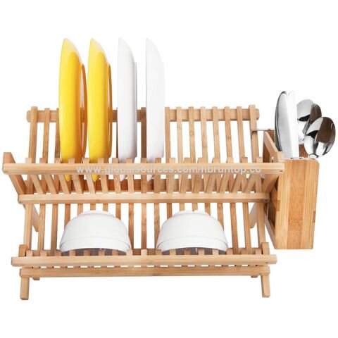 Precio de fábrica Escurridor de platos de bambú, escurridor de platos pequeño plegable de 2 niveles con soporte para utensilios, soporte para platos de cocina