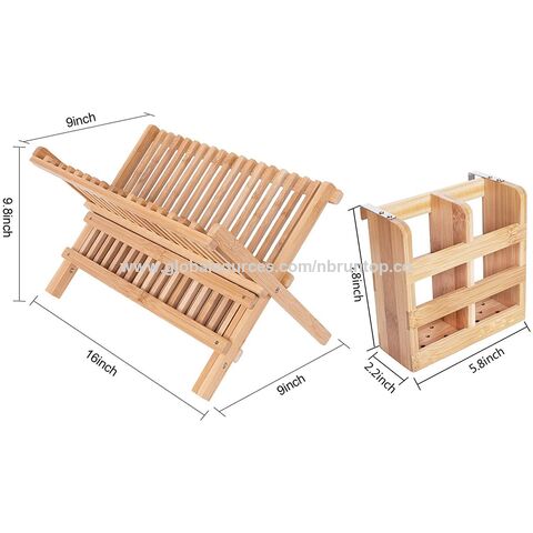 Precio de fábrica Escurridor de platos de bambú, escurridor de platos pequeño plegable de 2 niveles con soporte para utensilios, soporte para platos de cocina