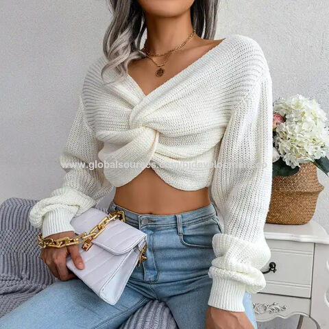 Top corto de punto de manga larga para mujer, ropa de invierno, suéter cruzado con cuello en V para mujer - Venta al por mayor de jerseys y tops de punto para mujer