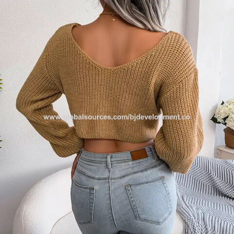 Top corto de punto de manga larga para mujer, ropa de invierno, suéter cruzado con cuello en V para mujer - Venta al por mayor de jerseys y tops de punto para mujer