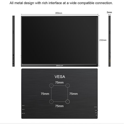 Monitor portátil FHD HDR 1200P 16 pulgadas Monitor portátil USB c HD Pantalla externa IPS Cuidado de los ojos Pantalla portátil para portátil Negro