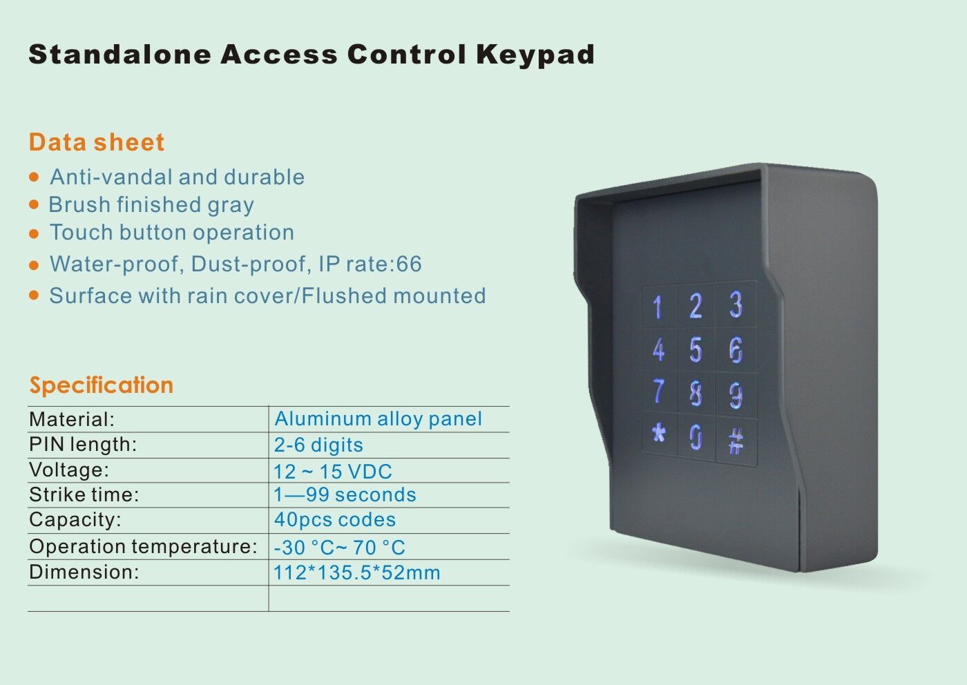 Ip 65 Code Access Keypad Door Entry System With Blue Backlight Grey Touch Standalone Access