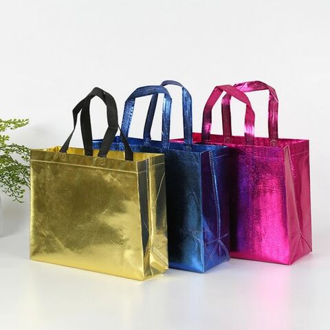 Saco de compras reutilizável não tecido personalizado brilhante, sacola de compras com alça, saco de presente, sacolas de presente promocionais elegantes