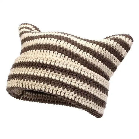 Cute Soft Beanie Hat Little Devil Striped Knitted Wool Cap Cat Ears Pointed