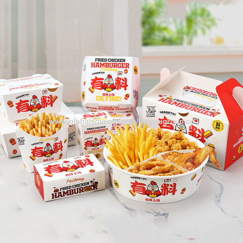 Cajas de papel para alimentos, cajas de cartón personalizadas para pollo frito, cajas desechables para llevar comida rápida caliente, embalaje para pollo frito con manos