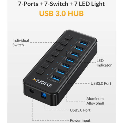 Concentrador USB 3.0 alimentado por ORICO de 13 puertos USB con  interruptores e indicador individuales, adaptador de corriente de 12 V  compatible con