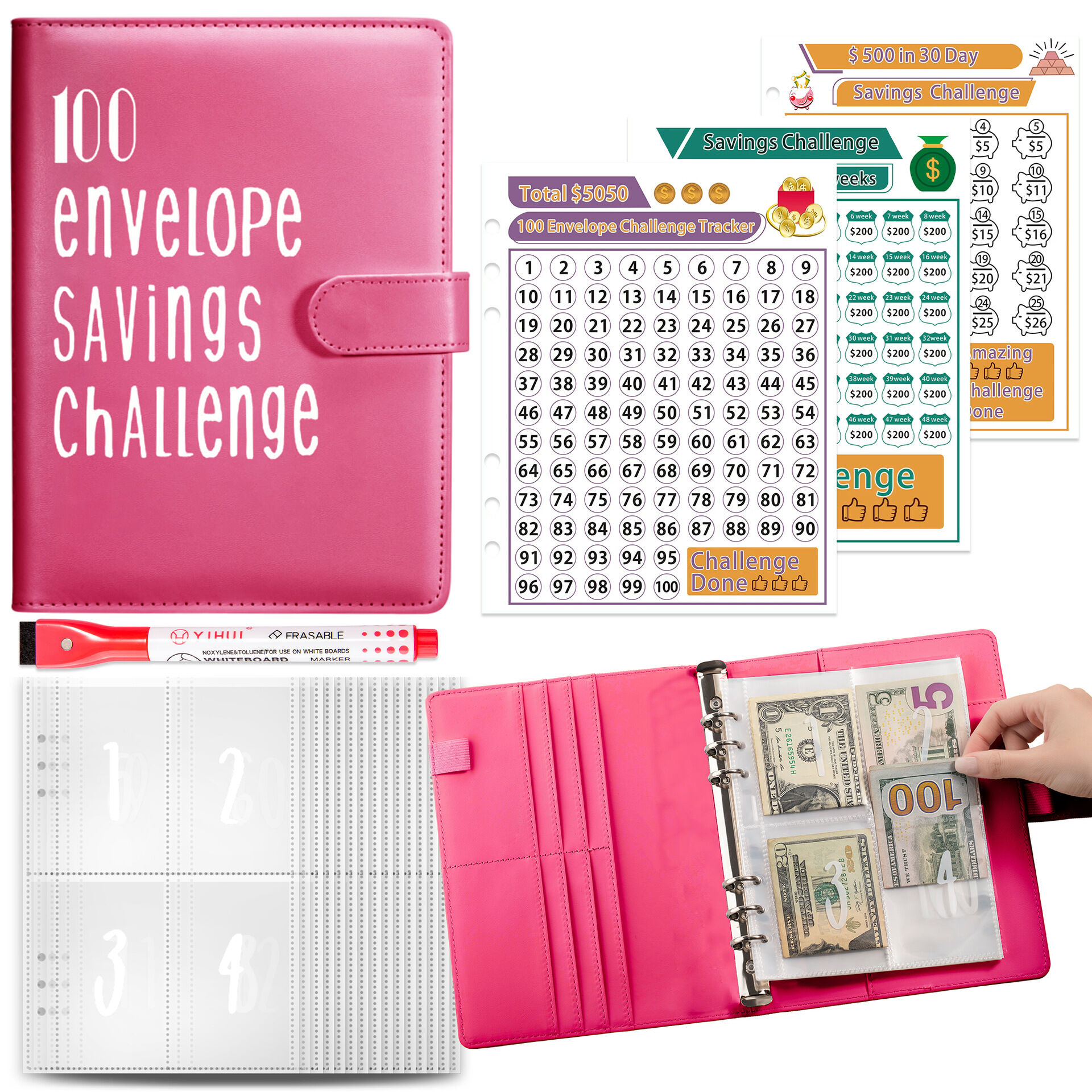 Classeur de défi de 100 enveloppes, moyen facile et amusant d’économiser 5  050 $, classeur de défis d’épargne, classeur budgétaire avec enveloppes de