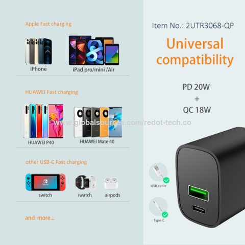 شاحن سفر QC3.0 و PD، شحن سريع بمنفذ واحد، شاحن حائط