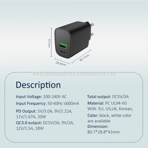 شاحن سفر QC3.0 و PD، شحن سريع بمنفذ واحد، شاحن حائط