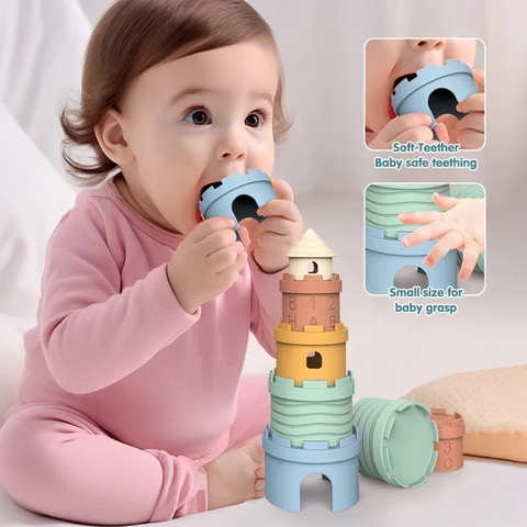 Blocos de Construção Macios de Silicone em Formato de Castelo para Dentição - Brinquedos de Empilhar para Bebês