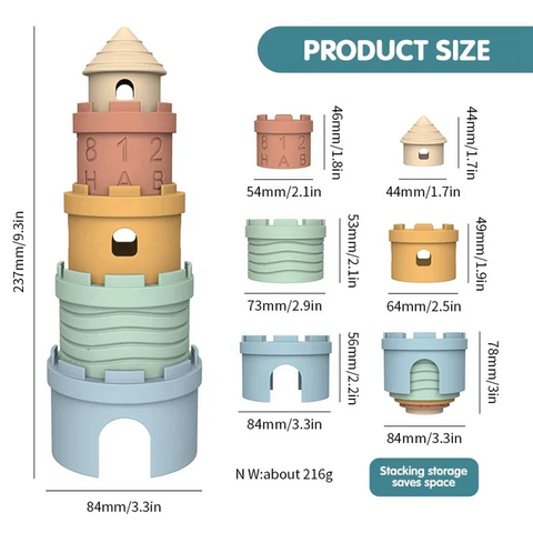 Blocos de Construção Macios de Silicone em Formato de Castelo para Dentição - Brinquedos de Empilhar para Bebês
