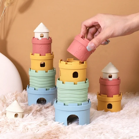 Blocos de Construção Macios de Silicone em Formato de Castelo para Dentição - Brinquedos de Empilhar para Bebês