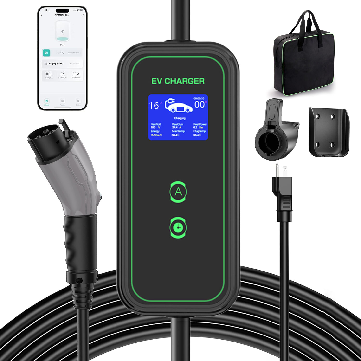 Tonhe 16A Type 2 to Schuko Portable EV Charger with Control Box