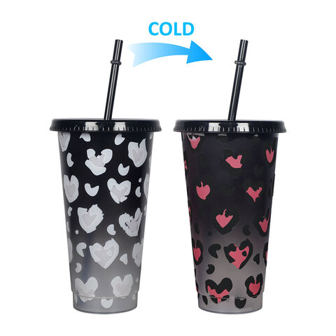 Nouveauté Saint-Valentin 2025 : Gobelet thermosensible 710 ml avec paille, changeant de couleur au froid. Plastique PP simple couche. Tasse à café de Noël.