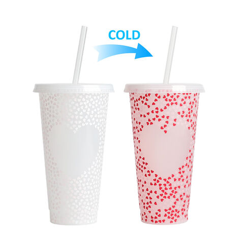 Nouveauté Saint-Valentin 2025 : Gobelet thermosensible 710 ml avec paille, changeant de couleur au froid. Plastique PP simple couche. Tasse à café de Noël.