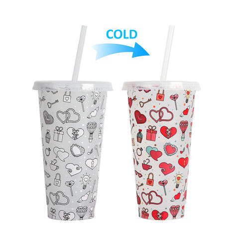 Nouveauté Saint-Valentin 2025 : Gobelet thermosensible 710 ml avec paille, changeant de couleur au froid. Plastique PP simple couche. Tasse à café de Noël.
