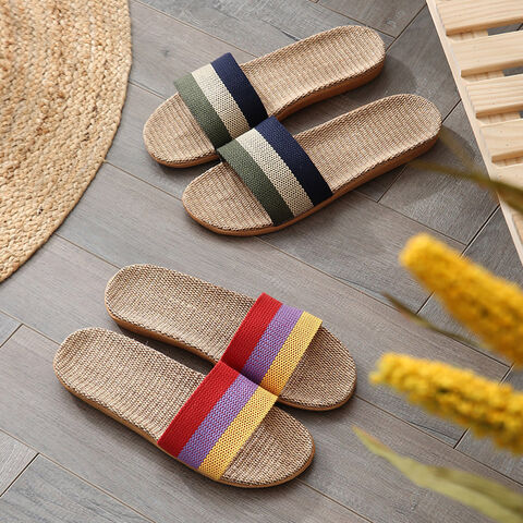 Sandalias de ratán de verano para parejas, alfombras de paja para interiores para hombres y mujeres, zapatillas de lino antideslizantes, zapatillas casuales