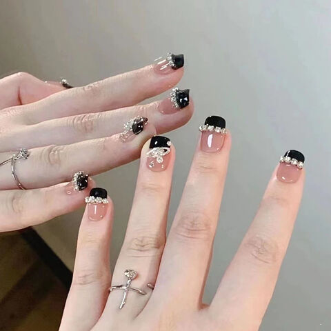 Künstliche Fingernägel zum Aufdrücken - Kaviar | Halbtransparent, kurze Mandelform, wiederverwendbar | 15 Größen - 30-teiliges Nagelset mit Kleber