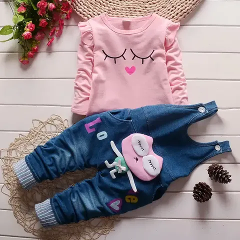 Ropa para niñas al por mayor: Camiseta de manga larga, pantalones de mezclilla, estilo casual, cómoda, diseño de dibujos animados, moda infantil para boutique